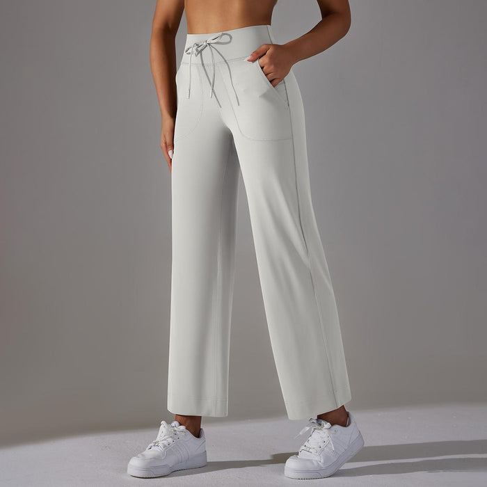 Color-White and Gray-Sports Drawstring Wide Leg Pants Loose Nude Feel Trousers High Waist Double-Sided Pocket Fitness Yoga Pants-Fancey Boutique