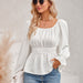 Color-White-Autumn Winter Casual Women Clothing Round Neck Waist Trimming Solid Color Ruffle Sleeve Top Women-Fancey Boutique