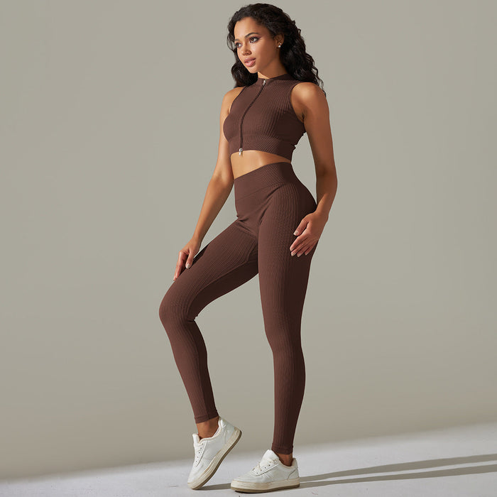 Color-Brown-Seamless Knitted Zipper Thread Sexy Sports Vest Pants Yoga Clothes Fitness Suit Women-Fancey Boutique