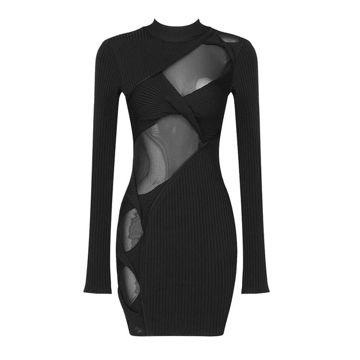 Color-Summer Women Clothing Black Long Sleeve Geometric Abstract Hollow-out Semi-Transparent Mesh Sexy Bandage One-Piece Dress-Fancey Boutique