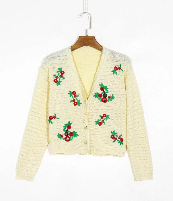 Color-Yellow-French Retro V neck Single Row Pearl Buckle Loose Cardigan Top Sweet Girl Floral Crocheted Hollow Out Cutout Sweater-Fancey Boutique