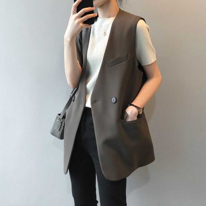 Color-Vest for Women Autumn Korean Loose Mid Length Sleeveless Vest Celebrity Vest-Fancey Boutique