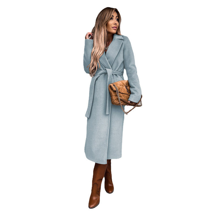 Color-skyblue-Autumn Winter Women Clothing Solid Color Polo Collar Long Sleeved Woolen Coat Simple Lace up Trench Coat-Fancey Boutique