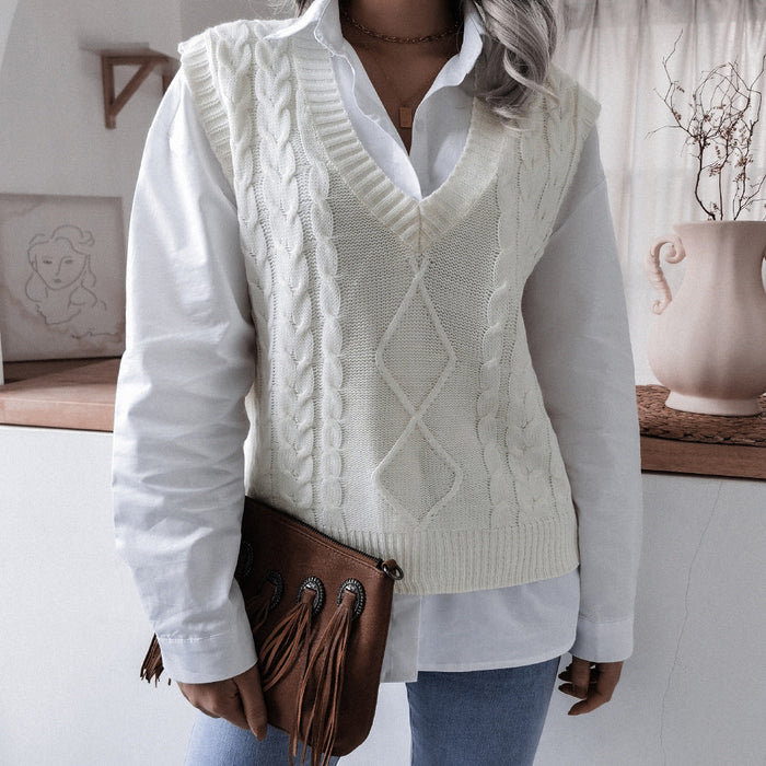 Color-Autumn Winter V neck Twist Casual Loose Knitted Vest Sweater Waistcoat Women Clothing-Fancey Boutique