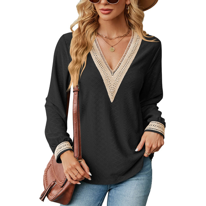 Color-Black-Autumn Winter Lace V-neck Patchwork Loose Long-Sleeved T-shirt Top Women Clothing-Fancey Boutique