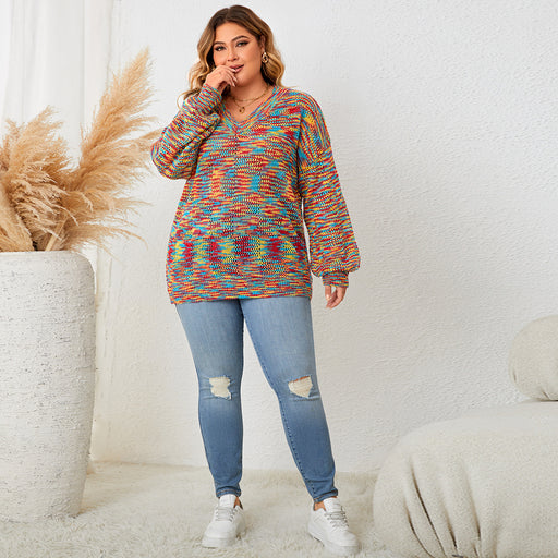Color-Plus Size Slightly V neck Loose Knitted Top Loose Pullover Colorized Sweater Women-Fancey Boutique