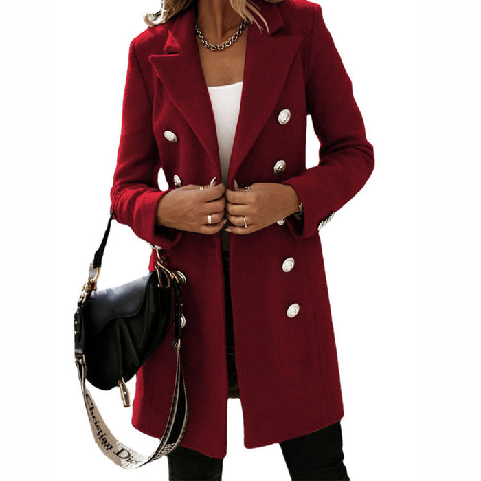 Color-Burgundy-Autumn Winter Long Sleeve Blazer Collar Double Breasted Woolen Coat Coat for Women-Fancey Boutique