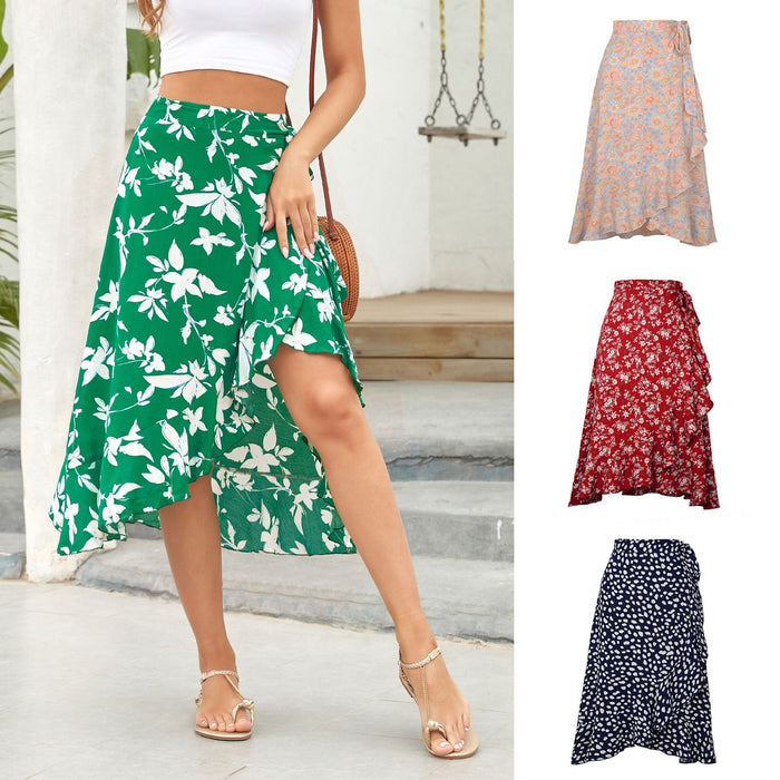 Color-Popular One-Piece Printed Lace-up Sheath Irregular Asymmetric Casual Skirt Summer Women Clothing Skirt-Fancey Boutique