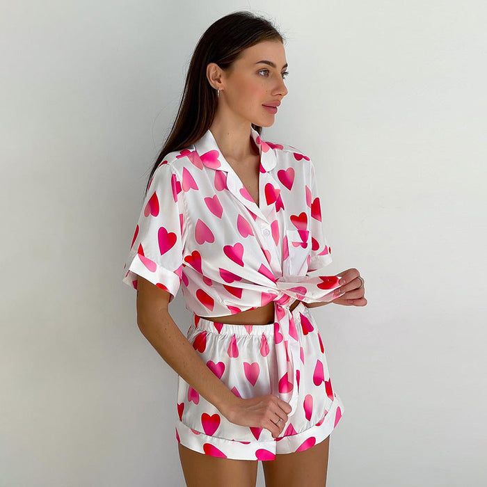 Color-Heart Printing Pajamas Women Summer Short Sleeve Shorts Suit Loose Ice Silk Home Wear-Fancey Boutique