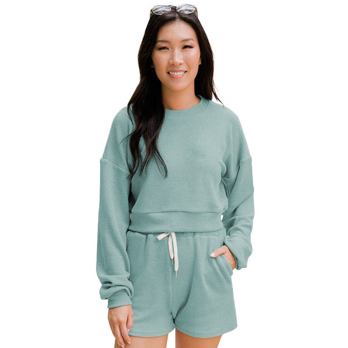 Color-Gray Blue-Autumn Winter Solid Color round Neck Pullover Long Sleeve Sweater Women Casual Shorts Suit-Fancey Boutique