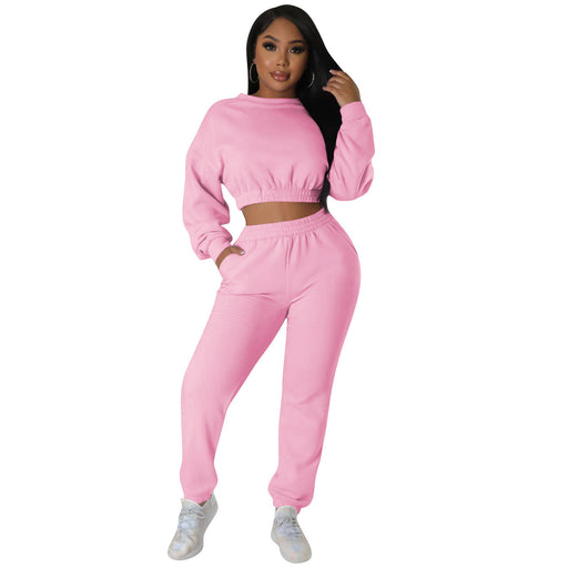 Color-Pink-Women Clothing Autumn Winter Casual Sweater Suit Solid Color Two Piece Set-Fancey Boutique