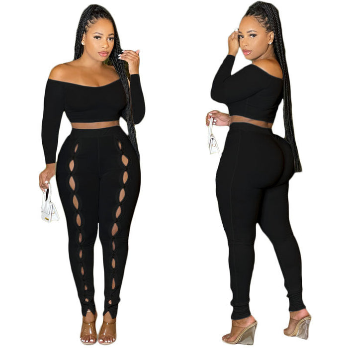 Color-Black-Women Clothing Autumn Sexy Solid Color off Shoulder Hollow Out Cutout Cropped Two Piece Set-Fancey Boutique