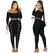 Color-Black-Women Clothing Autumn Sexy Solid Color off Shoulder Hollow Out Cutout Cropped Two Piece Set-Fancey Boutique