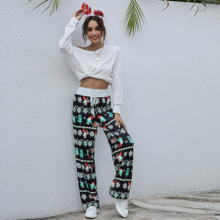 Color-Green Tree-Women Clothing Lace-up Casual Trousers Loose Lace-up Christmas Printed Pants-Fancey Boutique