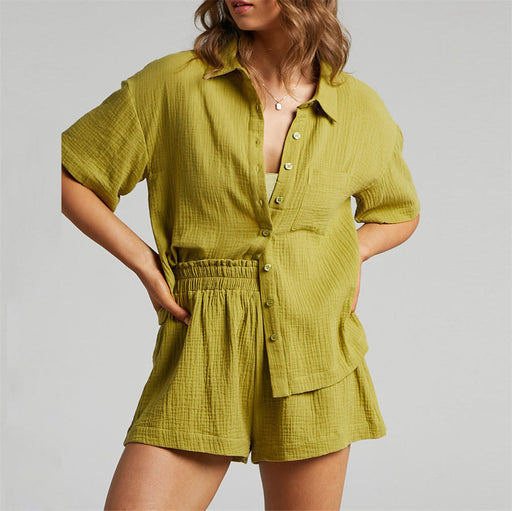 Color-Yellow-Solid Color Shirt Outfit Women Casual Loose Short Sleeves Single Breasted Women Clothing Spring Summer Shorts Two Piece Set-Fancey Boutique