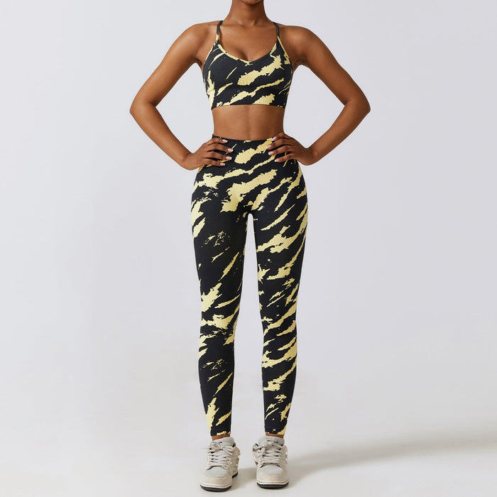 Color-Yellow and Black Bra Trousers-Camouflage Printing Seamless Yoga Suit Quick Drying High Waist Running Fitness Tight Sports Suit-Fancey Boutique