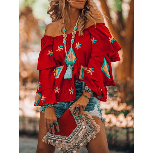 Color-Women Clothing Bohemian Long Sleeved Shirt Women Autumn Red Casual Women Top-Fancey Boutique