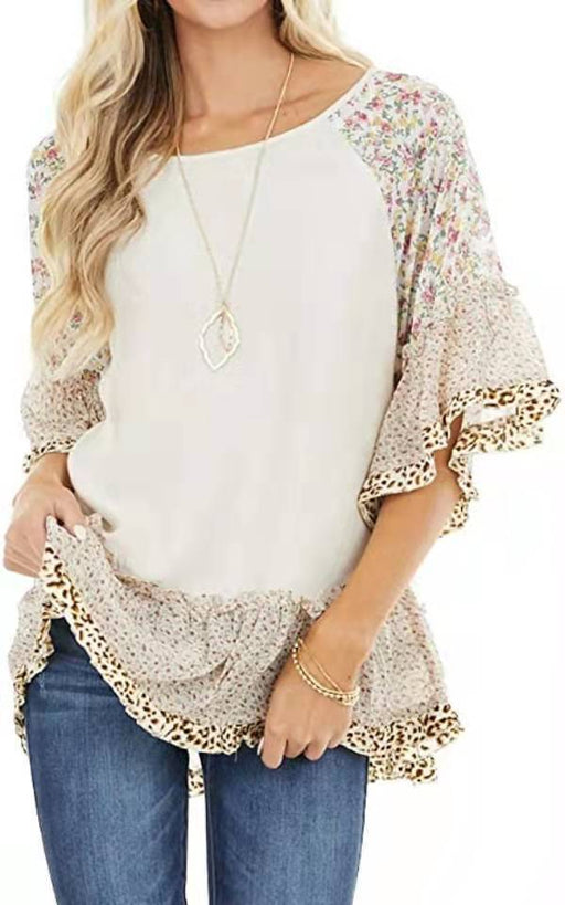 Color-White-Spring Summer Women Clothing Batwing Sleeve Color Blocking Leopard Floral Print Mid Length Sleeves T Shirt-Fancey Boutique