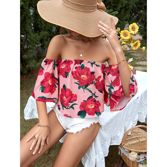 Color-Women Clothing Casual Vacation All Match off Shoulder Floral Shirt-Fancey Boutique
