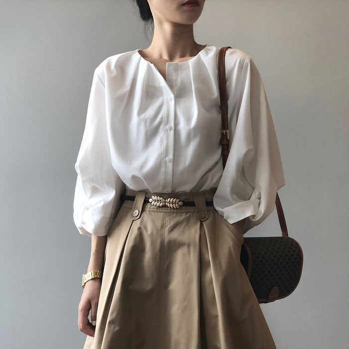 Color-White Shirt Women Autumn Korean Simple Loose Design Lantern Sleeve Shirt-Fancey Boutique