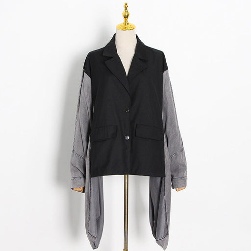 Color-Multi-Stitching Contrast Color Cardigan Irregular Asymmetric Windbreaker Autumn Personality Turn down Collar Coat Women-Fancey Boutique