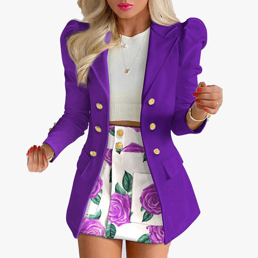 Color-Purple-Autumn Winter Women Clothing Printing Princess Sleeves Office Slim Fit Short Skirt Set-Fancey Boutique