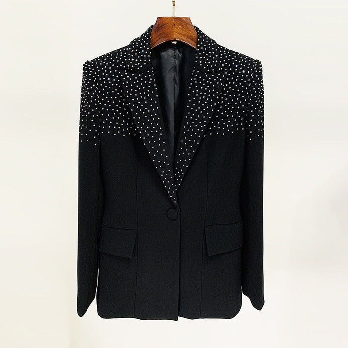 Color-Black Suit-Goods Celebrity Rhinestone Slim Fit One Button Blazer Skirt Set-Fancey Boutique