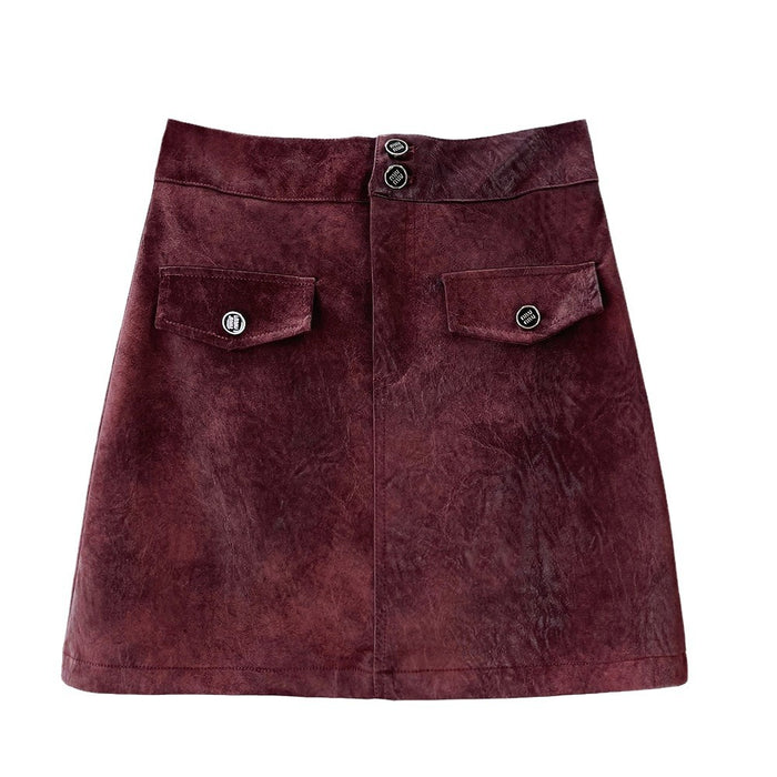 Color-Handmade Frosted Ink Blooming Retro Hip Skirt Faux Leather High Waist Slimming Skirt A Line Skirt-Fancey Boutique