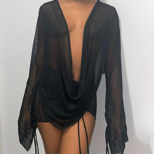 Color-Black-Women Clothing Summer Solid Color Deep V Plunge Plunge Pile Collar Mesh See through Pleating Two Piece Set-Fancey Boutique