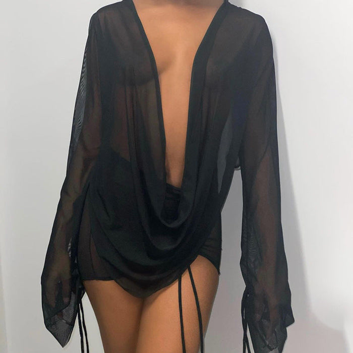 Color-Black-Women Clothing Summer Solid Color Deep V Plunge Plunge Pile Collar Mesh See through Pleating Two Piece Set-Fancey Boutique