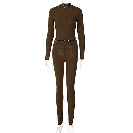 Color-Brown-Women Clothing Winter Casual round Neck Top Slim Fit Slimming Skinny Pants Suit-Fancey Boutique