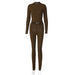 Color-Brown-Women Clothing Winter Casual round Neck Top Slim Fit Slimming Skinny Pants Suit-Fancey Boutique