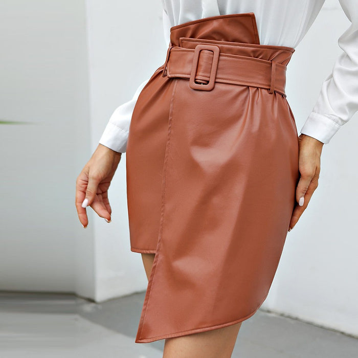 Color-Autumn Winter Irregular Asymmetric All-Matching Sexy Hip Skirt Belt Solid Color Faux Leather Skirt Women-Fancey Boutique