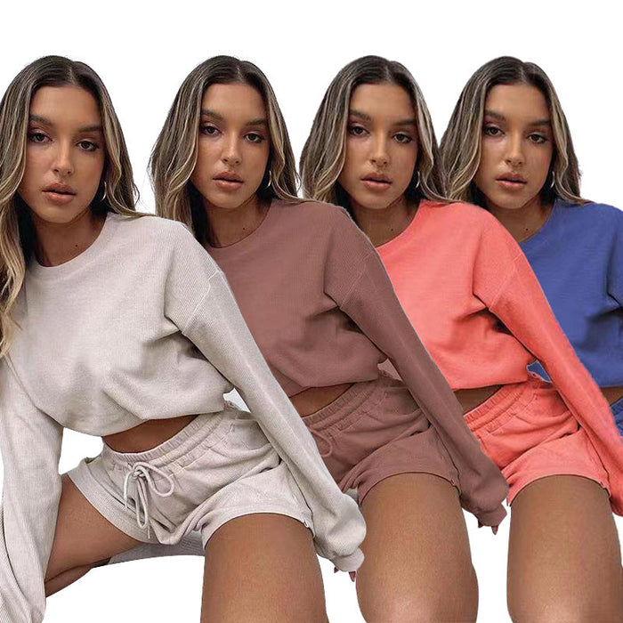 Color-Autumn Winter Solid Color Loose round Neck Shorts Women Urban Casual Long Sleeve Sweatshirt Suit-Fancey Boutique