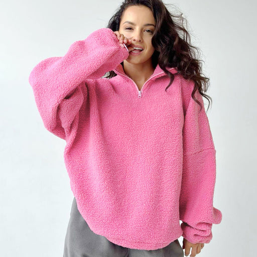 Color-Casual Pink Lambswool Loose Stand Collar Long Sleeve Sweater All Matching Autumn Winter Women Clothing-Fancey Boutique