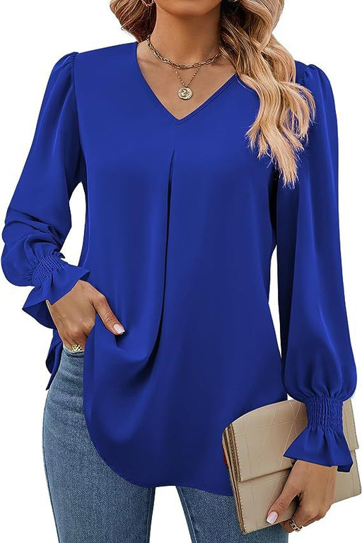 Color-Blue-Women Clothing Autumn Winter Solid Color Chiffon Shirt V Neck Pullover Horn Long Sleeve Top Shirt-Fancey Boutique