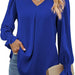 Color-Blue-Women Clothing Autumn Winter Solid Color Chiffon Shirt V Neck Pullover Horn Long Sleeve Top Shirt-Fancey Boutique