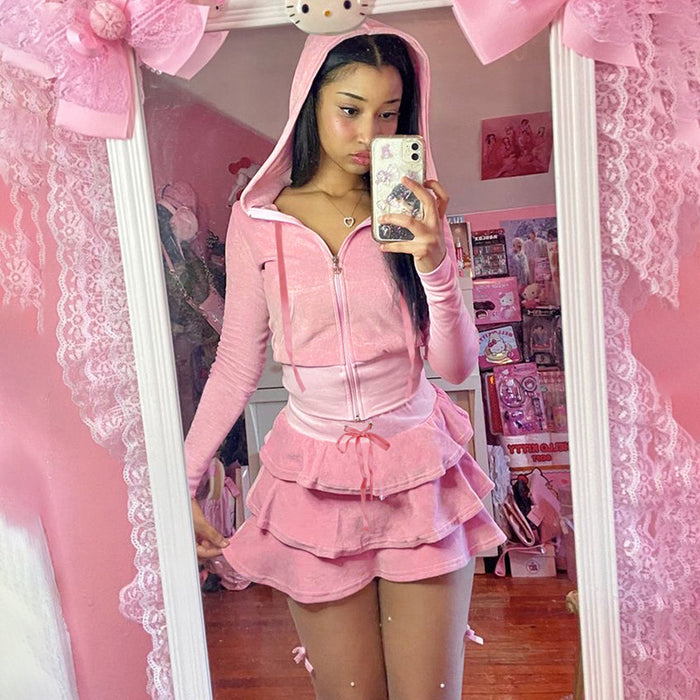 Color-Women Clothing Solid Color Velvet Stitching Drawstring Hooded Start Sweater High Waist Cake Skirt Sweet Girl Two Piece Set-Fancey Boutique