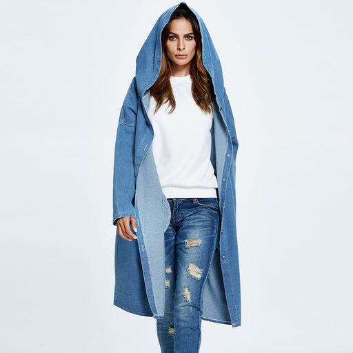 Color-Autumn Winter Denim Coat Overcoat Popular Hooded Denim Trench Coat-Fancey Boutique