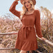 Color-Fall Winter Women Clothing Solid Color U Neck Waist Controlled Long Sleeves Dress Women-Fancey Boutique