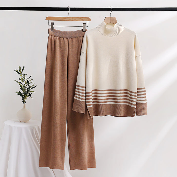 Color-Khaki-Autumn Winter Knitting Wide Leg Pants Sweater Suit Pullover Stretch Contrast Color Casual Loose Two Piece Suit Women Clothing-Fancey Boutique