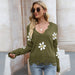 Color-Green-Autumn Winter Ripped Long Sleeves Loose Sweater Little Floral V-neck Pullover Sweater-Fancey Boutique