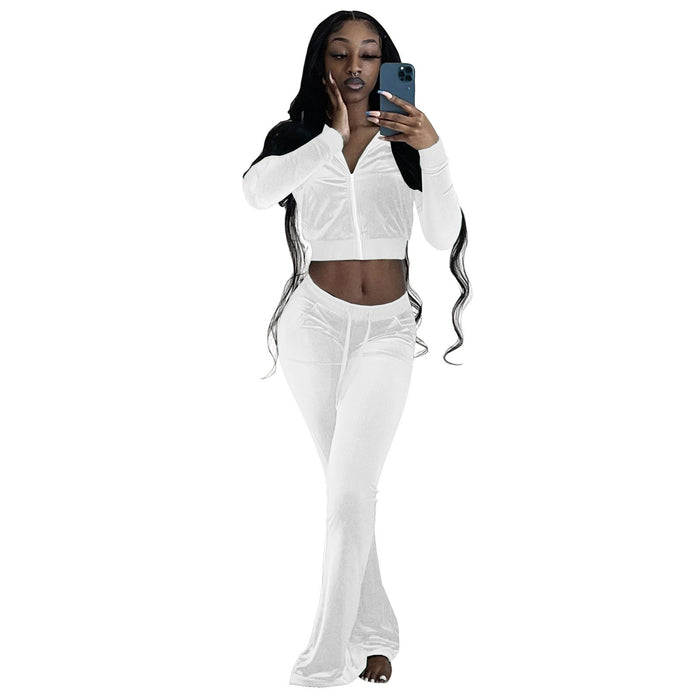 Color-White-Women Clothing Two-Piece Korean Velvet Solid Color Long Sleeve Sexy cropped Casual Sports Suit-Fancey Boutique