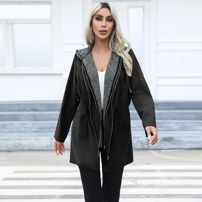 Color-Women Clothing Casual Waist Tight Double Zipper Contrast Color Coat Mid Length Long Sleeve Hood Windbreaker Explosion-Fancey Boutique