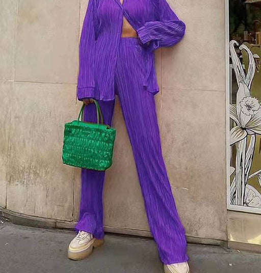 Color-Purple-Spring Summer Solid Color Texture Loose Slimming Pleated Casual Suit textured-Fancey Boutique