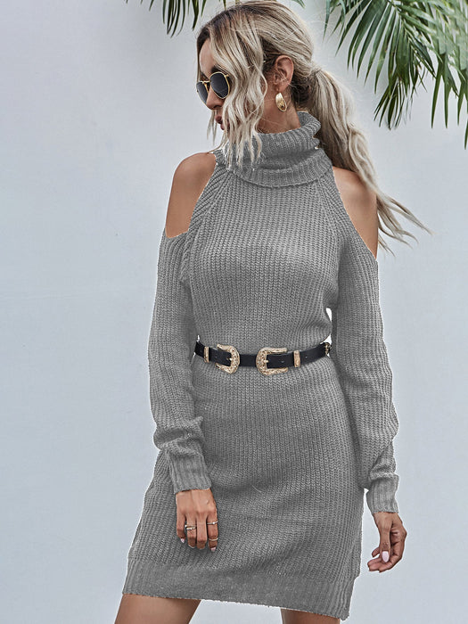 Color-Gray-Mid-Length Sweater Women Fall Winter High Neck Pullover Dress Sweater no belt-Fancey Boutique