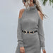 Color-Gray-Mid-Length Sweater Women Fall Winter High Neck Pullover Dress Sweater no belt-Fancey Boutique