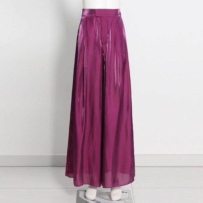 Color-Purple-Elegant Office Casual Pants Autumn Loose Slimming Glossy High Waist Mop Wide Leg Pants-Fancey Boutique