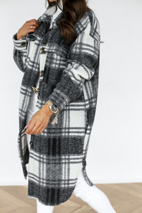 Color-Long Black Plaid-Winter Women Clothing Plaid Brushed Woolen Long Blouse-Fancey Boutique