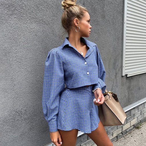 Color-Blue Plaid Street Retro Long Sleeves Cropped Shirt Shorts sets Summer Women Clothing-Fancey Boutique